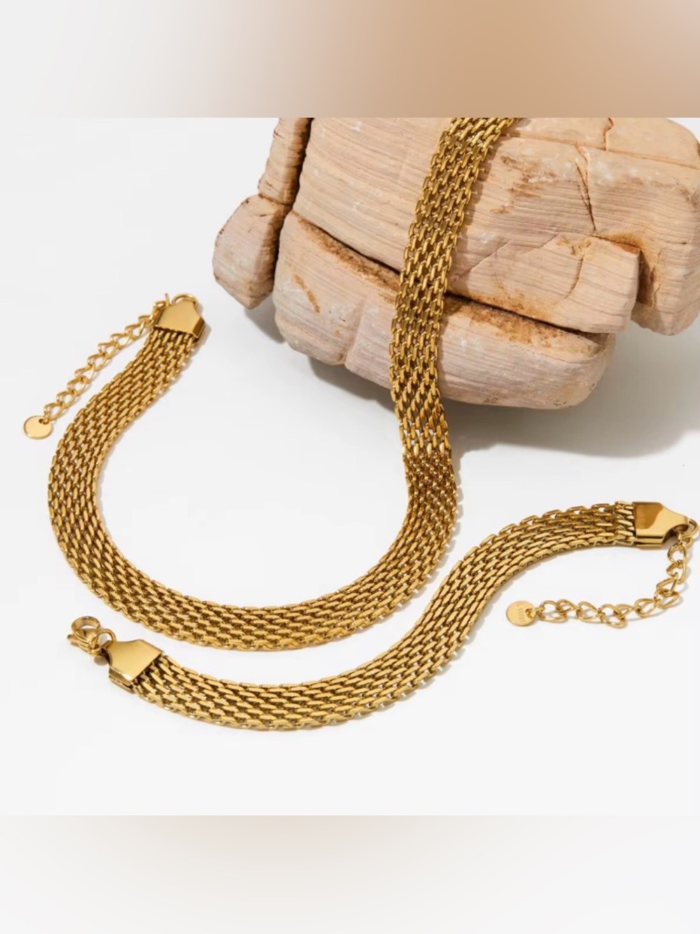 Gold Woven Chain Necklace and Bracelet 

Stainless Steel Set - Picture 4 of 5